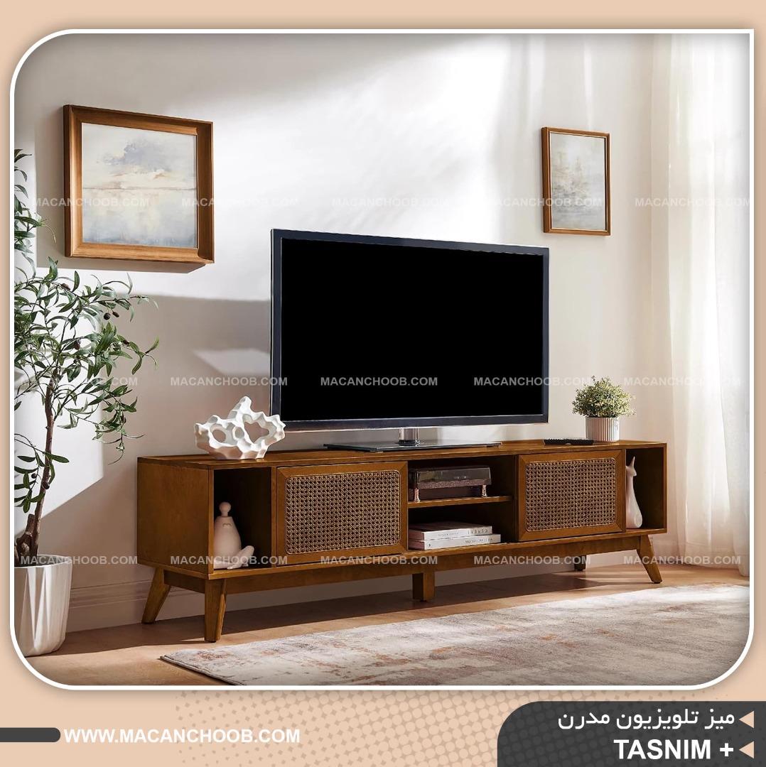میز تلویزیون پایه چوبی درب ریلی حصیر بامبو مدل +TASNIM